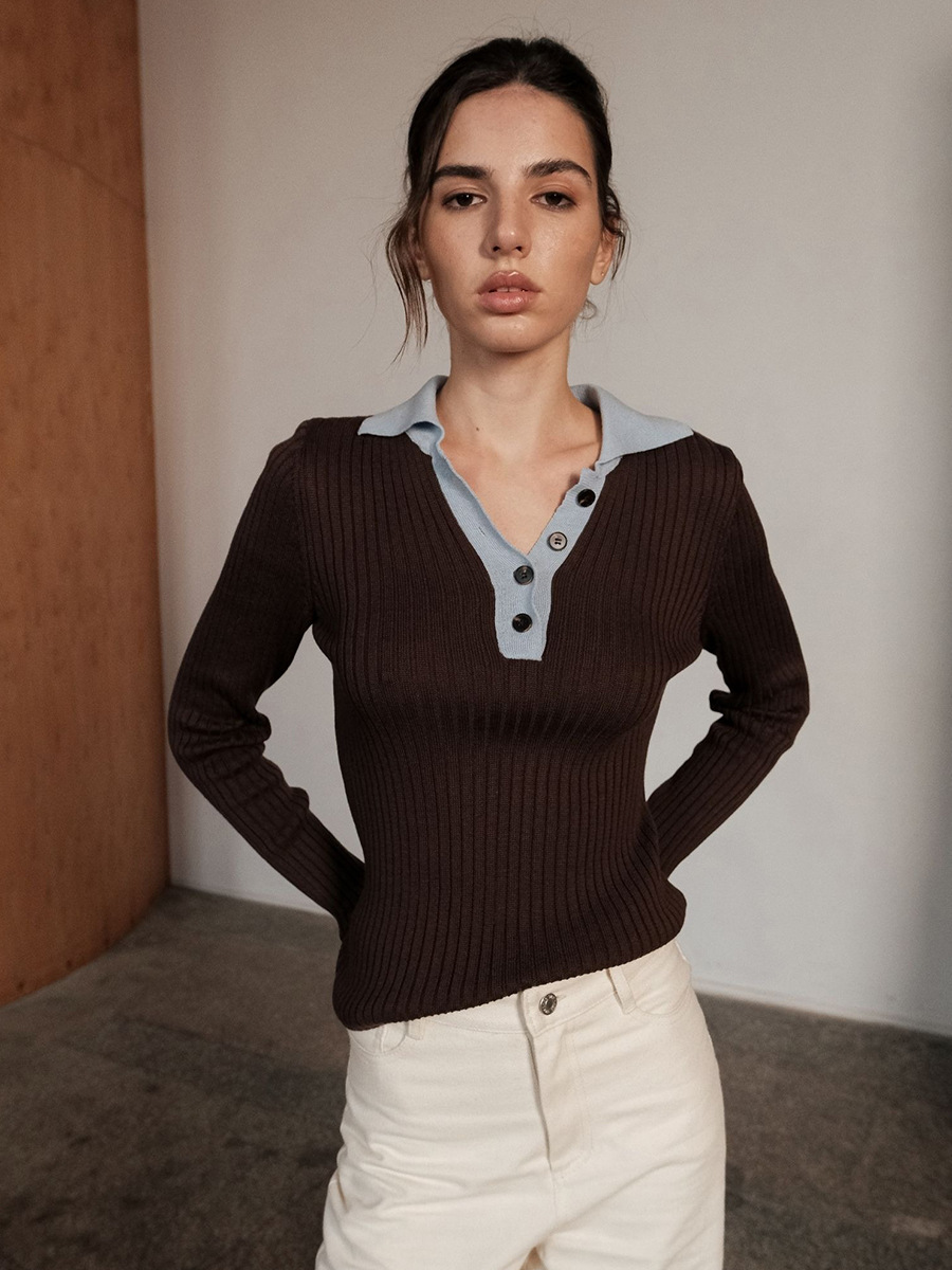 Suéter transfronterizo Europa y América 2026 otoño y invierno nuevo color contrapeso con solapa agujero camisa de punto delgada camisa de manga larga image 2