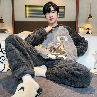 Pajamas Men's Autumn and Winter Coral Fleece fleece-lined Thickened Flannel Youth plus size Warm Home Clothes suit Winter