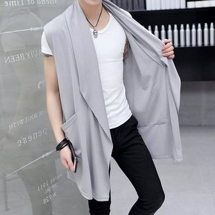 Summer Windbreaker Men's Mid-length Handsome Slim Sleeveless Vest Jacket Men's Casual Thin Korean Style Cloak Cloak for Men