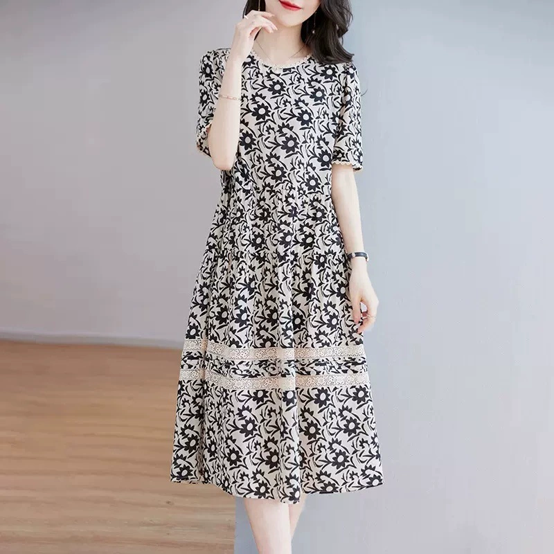 Летнее платье из шелка Ханчжоу, 2025 года, новое, средней длины, свободного кроя, с цветочным принтом, стройнящее, из тутового шелка
