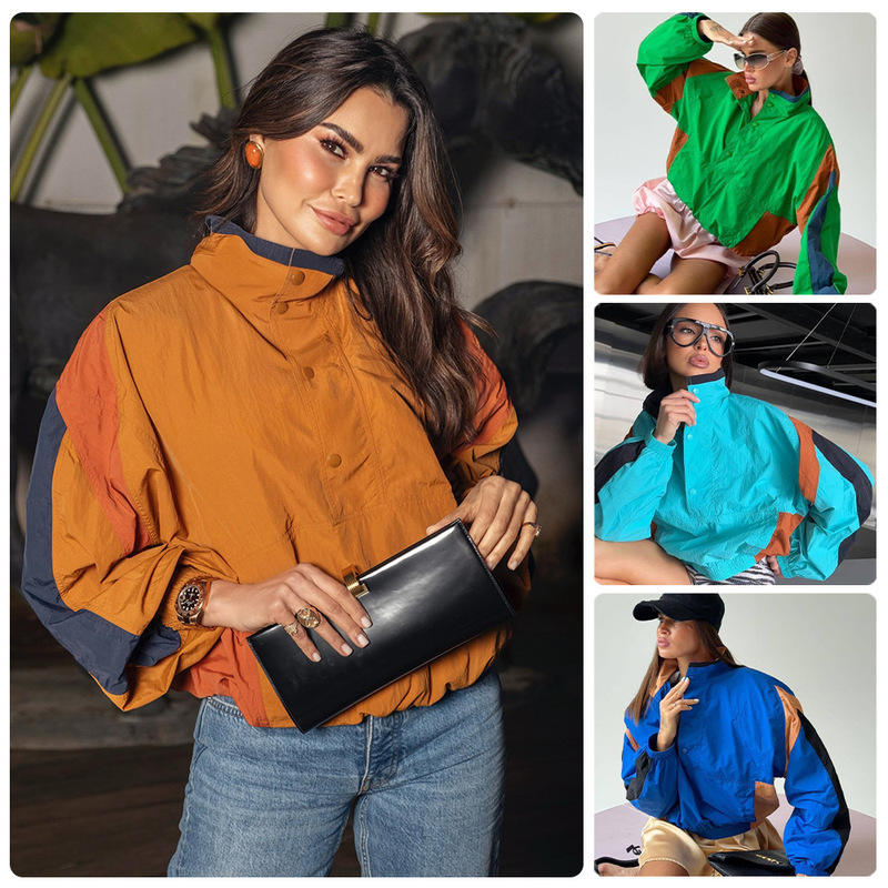 Retro-style color-blocked stand-collar drop-shoulder short jacket with contrasting color panels and drawstring hem, loose fit for autumn Retro-style color-blocked stand-collar drop-shoulder short jacket with contrasting color panels and drawstring hem, loose fit for autumn