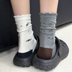 灰色袜子女夏薄款白色堆堆袜花边袜子中筒袜夏天长袜勃肯鞋袜子女