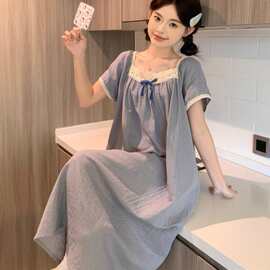 韩国ins女士韩版提花甜美花边圆领雾霾蓝夏季短袖长裙睡衣家居服