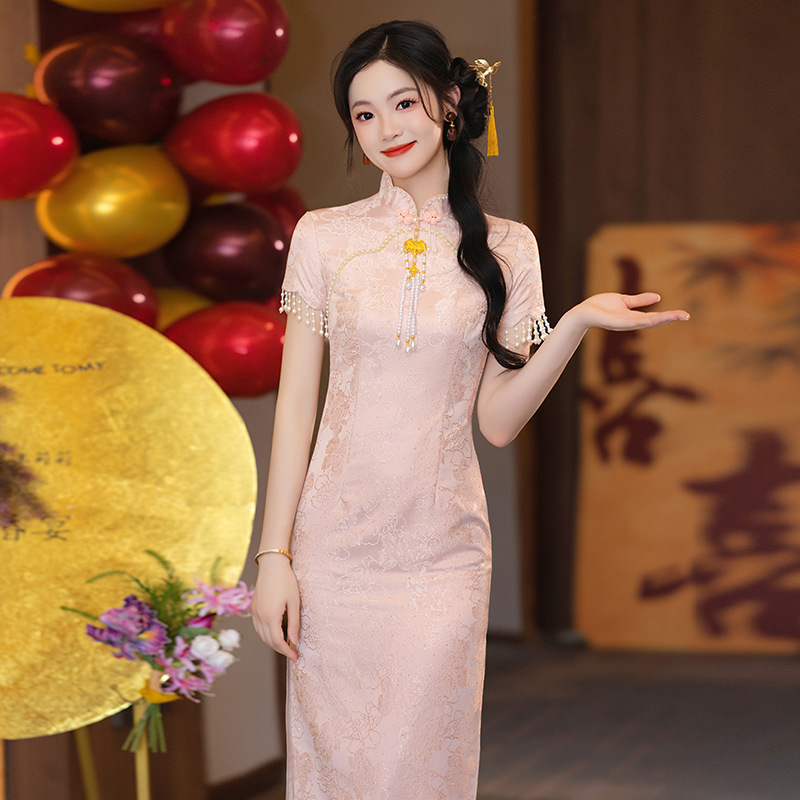 粉色立领新中式改良旗袍敬酒服小个子年轻款出阁嫁衣回门便装长款|undefined