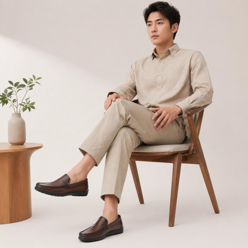 Giày lười nam da thật mũi tròn, giày da nam kiểu lười xỏ chân đế mềm, gót thấp 1–3 cm — Thương mại Brown, Thời trang đen chi tiết 15
