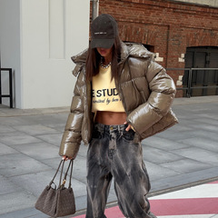 慵懒风亮面科技感棉衣外套女围巾领保暖面包服棉袄时尚外贸新款