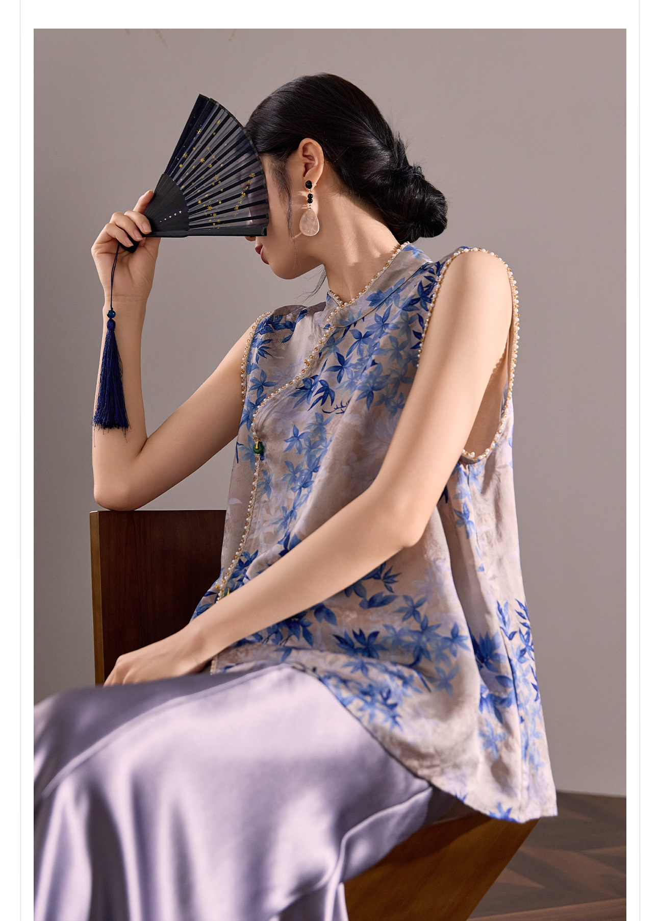 Áo vest gile nữ cổ đứng không tay phong cách cổ điển Trung Hoa, đính chuỗi hạt, mùa hè M8035 — màu xanh chi tiết 3