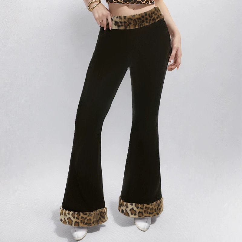 C355PT европейская и американская сексуальная горячая девушка стиль сплошной цвет леопардовый узор шерстяной шитье модные тонкие брюки с высокой талией женские микро-брюки