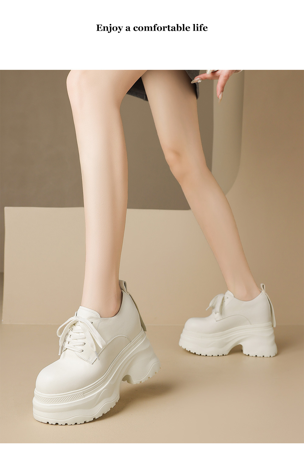 Giày sneaker nữ chunky đế dày phối màu mùa thu 2025, da bò thật, tăng chiều cao 12cm, buộc dây — Màu đen, Màu xám trắng, Màu trắng chi tiết 10