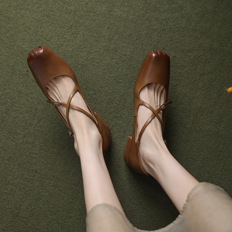 Autumn universal vintage retro Mary Jane shoes square toe