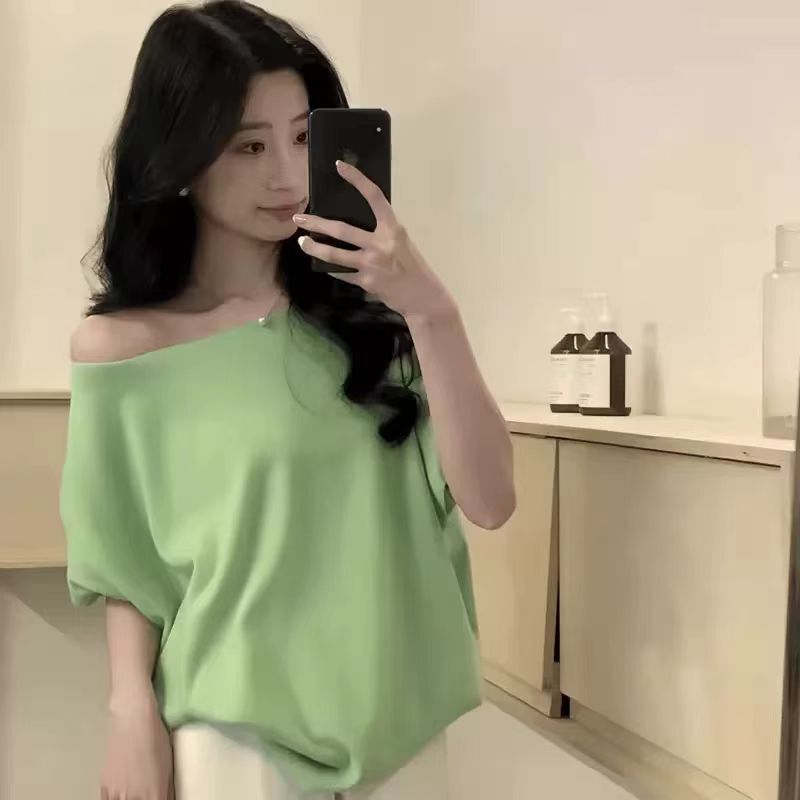 不規則なバットスリーブオフショルダーニットTシャツレディースサマードーパミンレイジールーズスリム半袖斜めショルダートップ|undefined