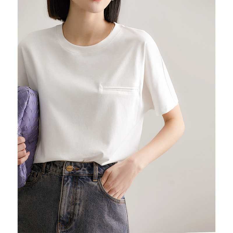 Versatile Heavyweight T-Shirt for All Seasons, Classic Round Neck, Liquid Ammonia Cotton, Black and White Short-Sleeve Top, New Women's Fashion for Summer 2026
