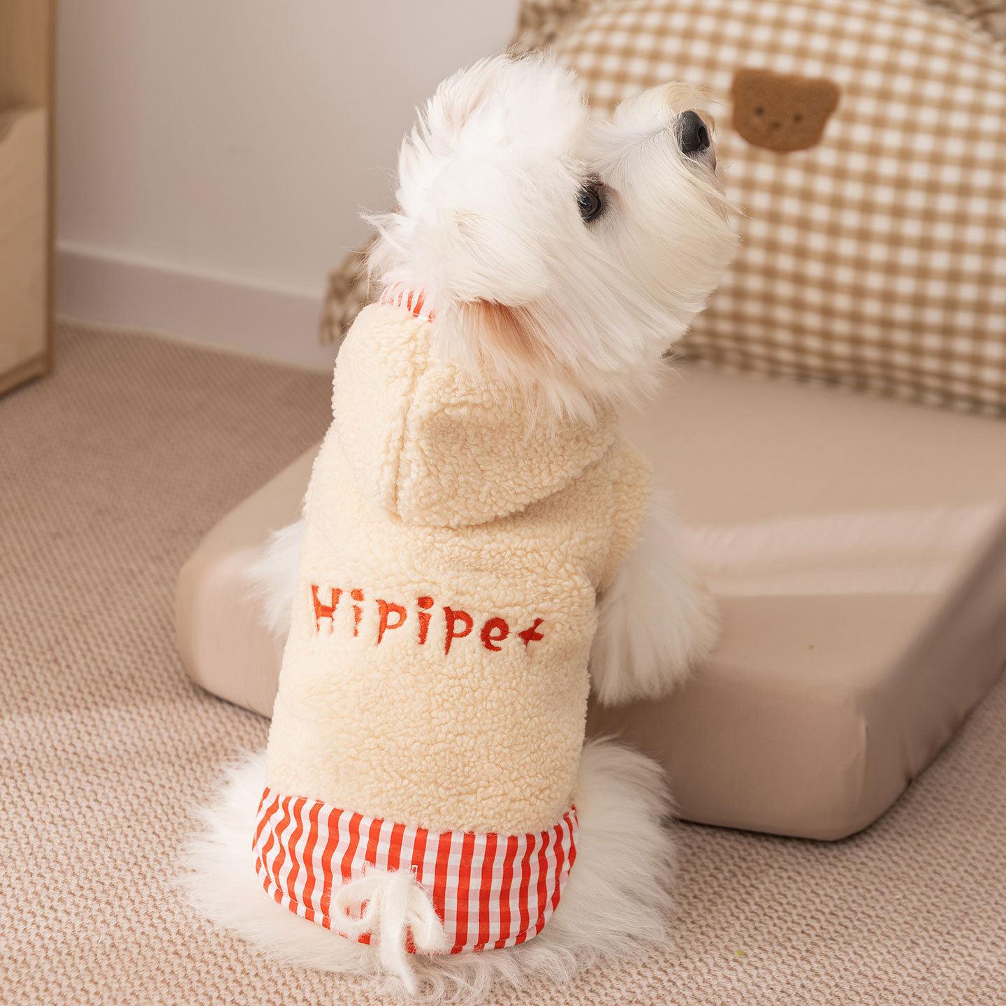 小型犬比熊泰迪狗衣服格子拼接连帽绒衣秋冬加厚保暖宠物衣服批发