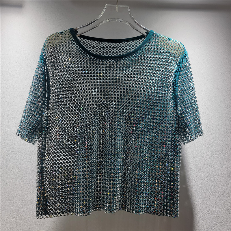 Diámetro de diamante hueco de diseño de perspectiva sensación de cuello redondo chaqueta corta delgada camiseta de mujer estilo extranjero blusa universal