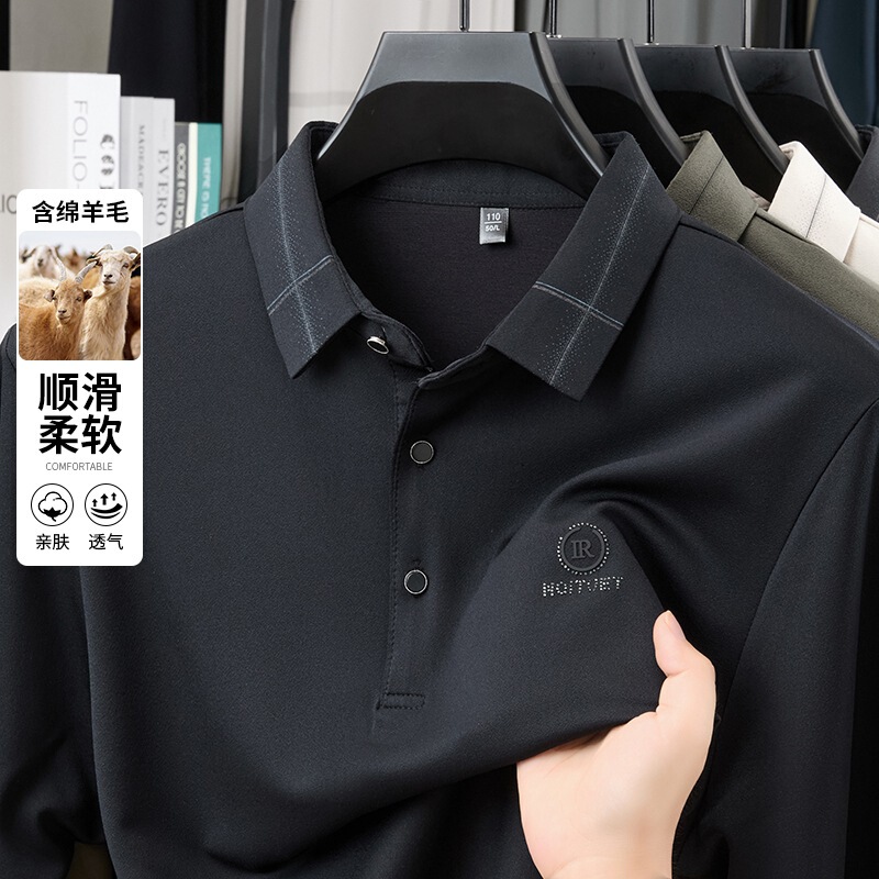 2025含羊毛长袖T恤男翻领休闲秋季透气印花爸爸装衣服中年男士T恤|undefined