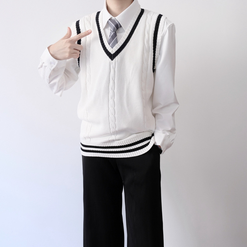 オリジナル JK/DK 制服カレッジスタイル V ネックストライプツイストニットベスト学生ベストセーター男性と女性のため|undefined