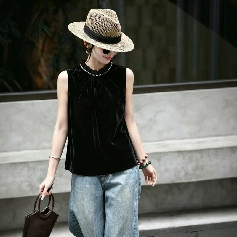 Nanyouhuo 2026 New French-Style Silk Velvet Collar Beaded Top, New Chinese-Style Elegant Urban Style Sleeveless Blouse