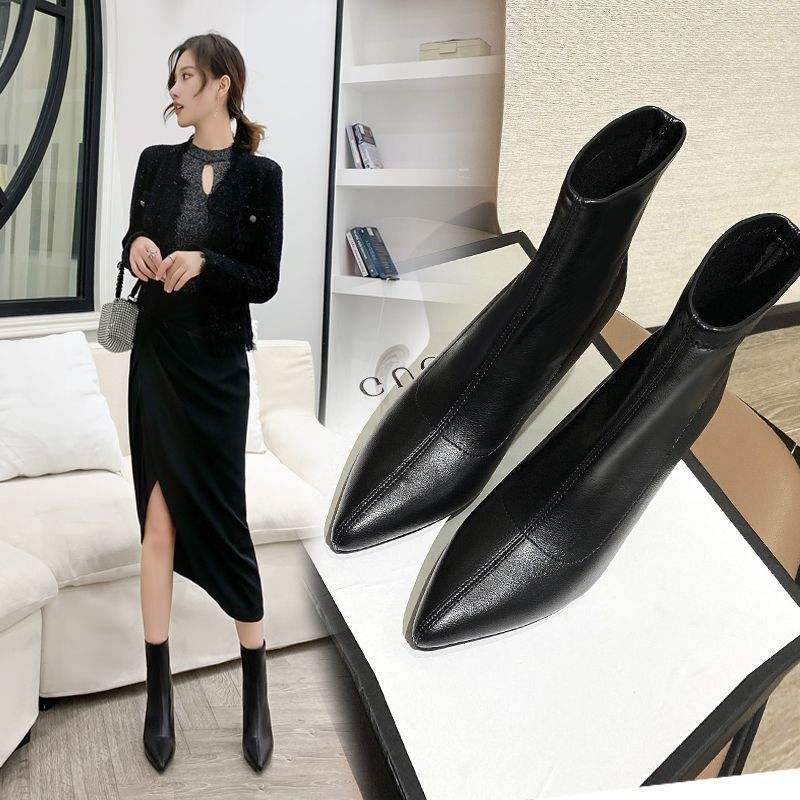 女士小短靴洋气爆款高跟鞋细跟2025春秋新款加绒真皮法式瘦瘦靴子