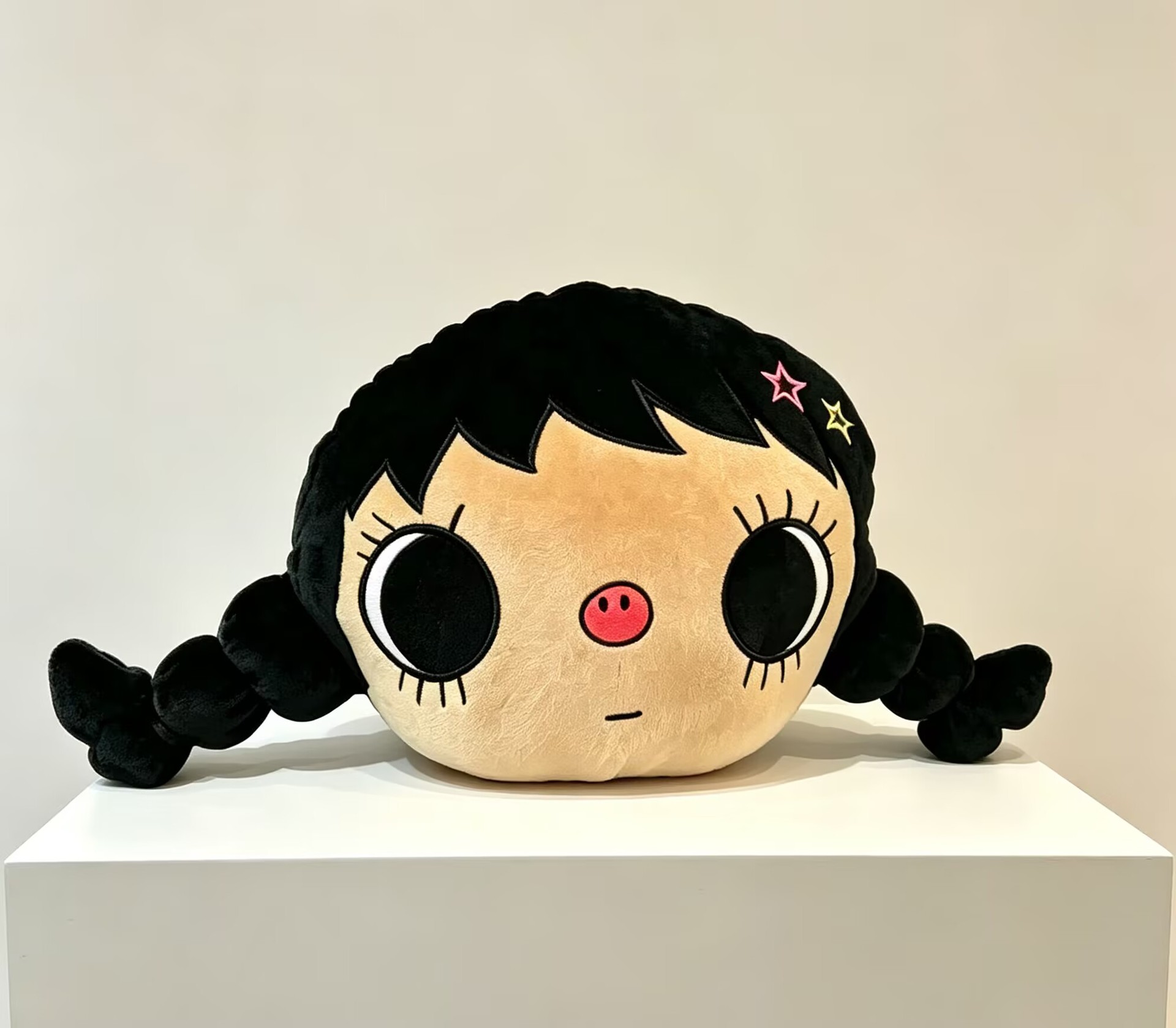 Trendy Big-Eyed Doll Car Headrest, Black Braided Girl Plush Neck Pillow, Internet Celebrity Style Throw Pillow