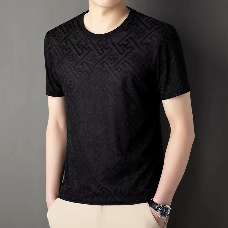 Источник производителя 2025 новая футболка из ледяного шелка с короткими рукавами Лето 3D трехмерный жаккардовый мужской быстрый сухой дышащий топ мужской
