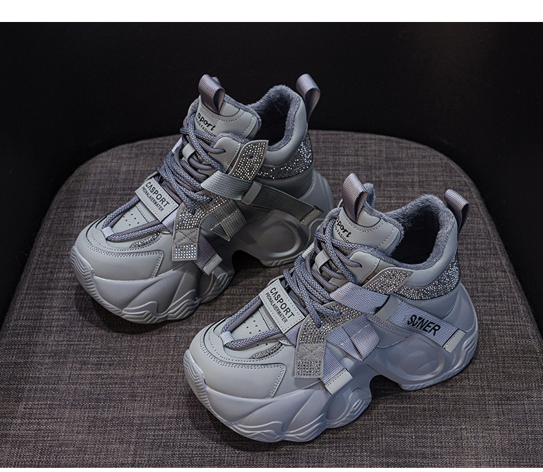 Giày sneaker nữ chunky đế dày tăng chiều cao 8cm, đính đá pha lê, dây buộc thời trang — M2991 lót đơn màu đen, M2991-1 plus nhung nâu, M2991 lót đơn màu xám, M2991-1 plus nhung xám chi tiết 18