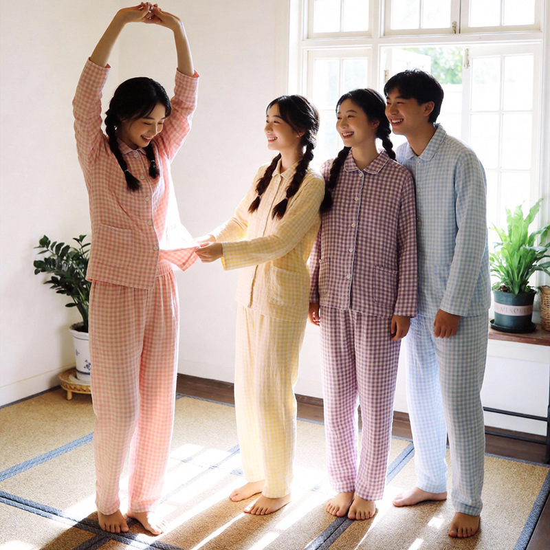 Japanese-Style Unprinted Candy-Colored Double-Layer Gauze Couple's Pajama Set, Cotton, No Side Seams, Long-Sleeved, Long-Pants Loungewear Set Japanese-Style Unprinted Candy-Colored Double-Layer Gauze Couple's Pajama Set, Cotton, No Side Seams, Long-Sleeved, Long-Pants Loungewear Set