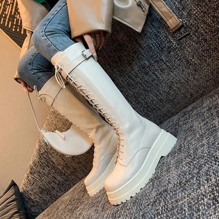 Women's British Style 2024 New Thick-soled Lace-up Rider's Boots All-match Winter fleece-lined but Knee-length Boots