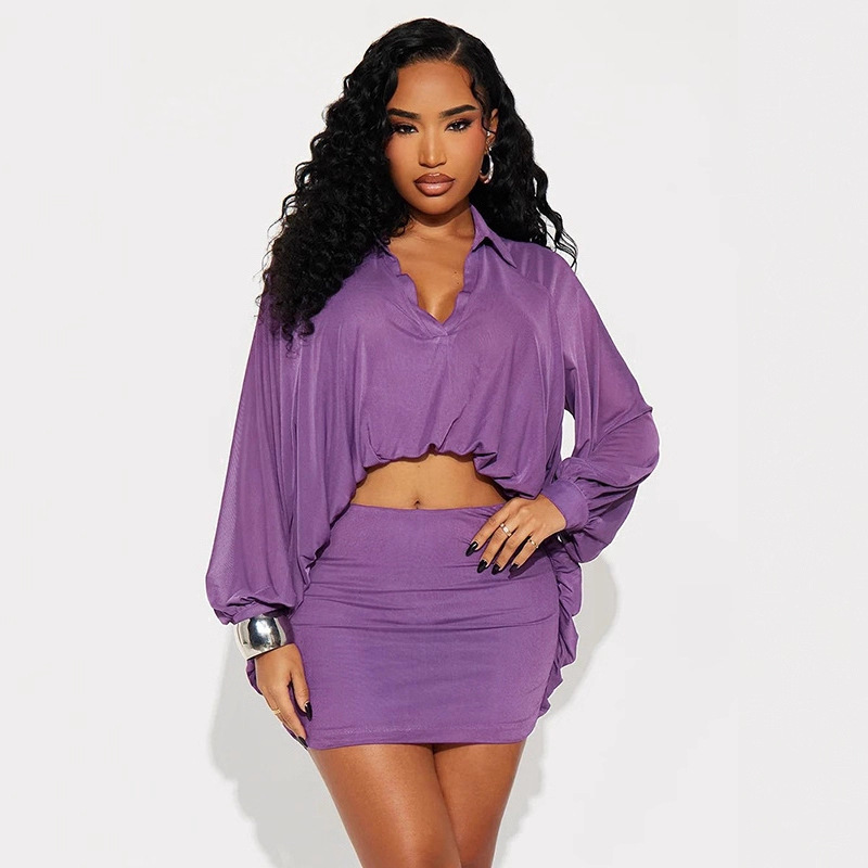 Foreign Trade Autumn and Winter New European and American Fashion Solid Color Puff Sleeve Long Sleeve Top Slim Fit Bodycon Shirt Dress Set