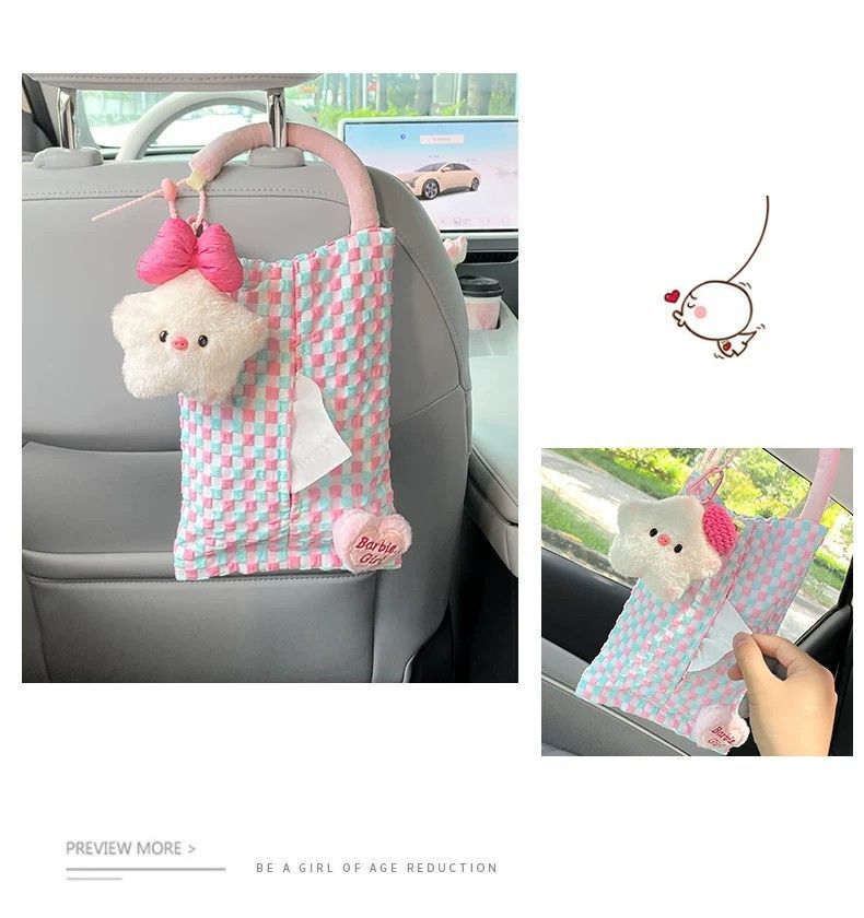 Car-mounted tissue box and trash bin 2-in-1 cute star pig storage hanging bag car seat back decoration tissue bag for women