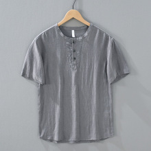 1288复古男士套头苎麻短袖衬衫夏天大码圆领透气天丝麻料休闲衫薄