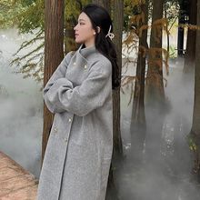 秋冬女燕麦色中长款气质感韩版宽松双排扣双面呢毛呢大衣外套