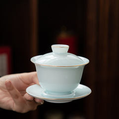 德化白瓷 三才盖碗 单个高档泡茶功夫茶羊脂玉陶瓷宝石蓝描金青瓷
