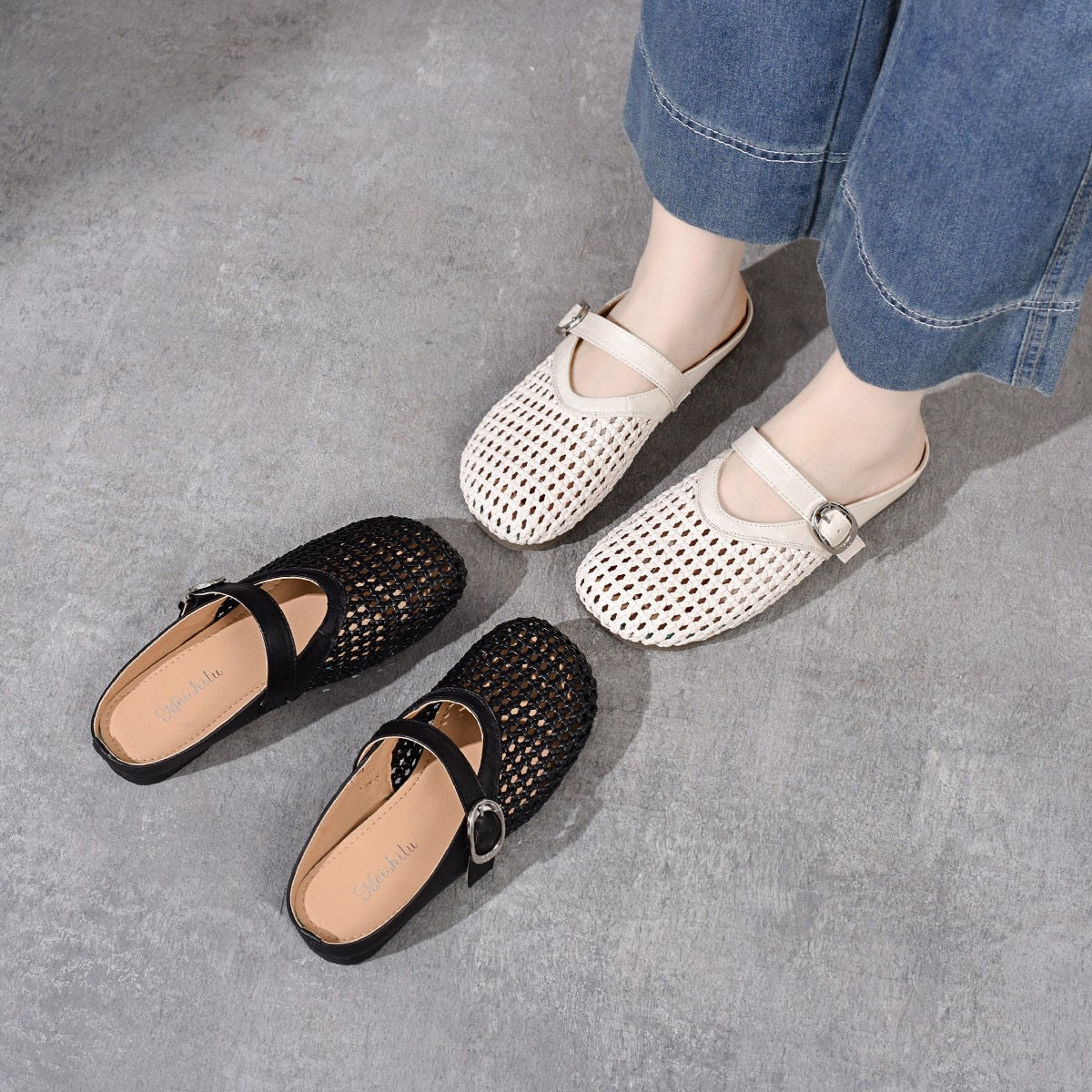 Dép sandal nữ da thật mũi tròn đan rỗng gót thấp chống trượt — màu be