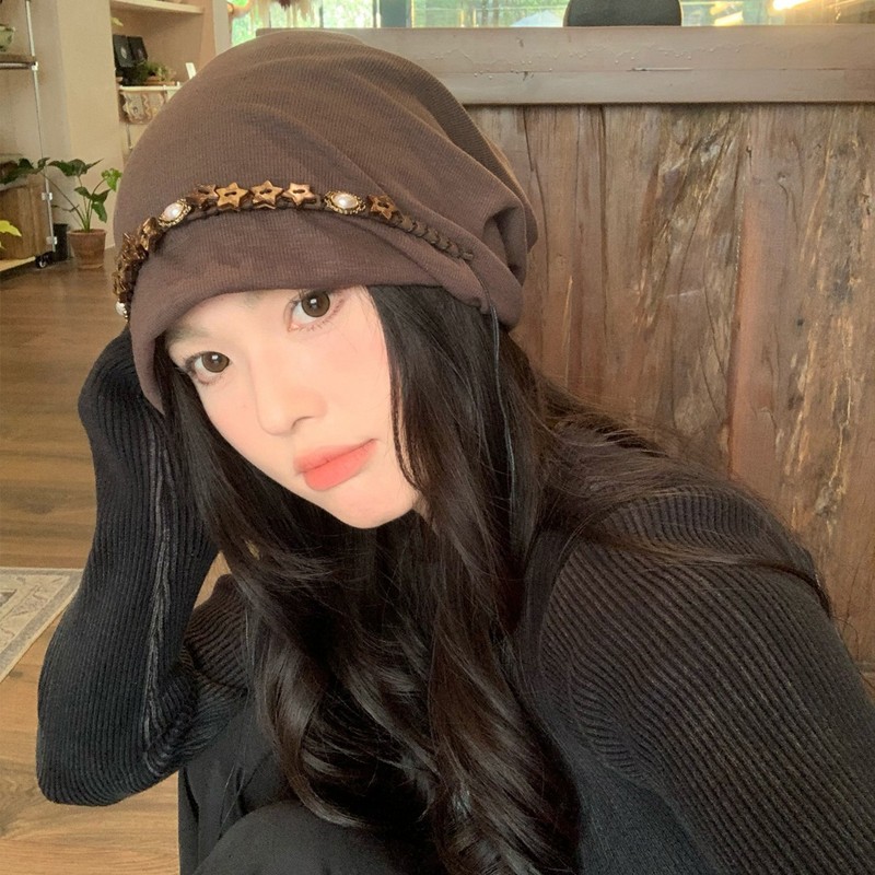 波西米亚民族风复古串珠包头帽女宽松慵懒风百搭显脸小堆堆帽子潮|undefined