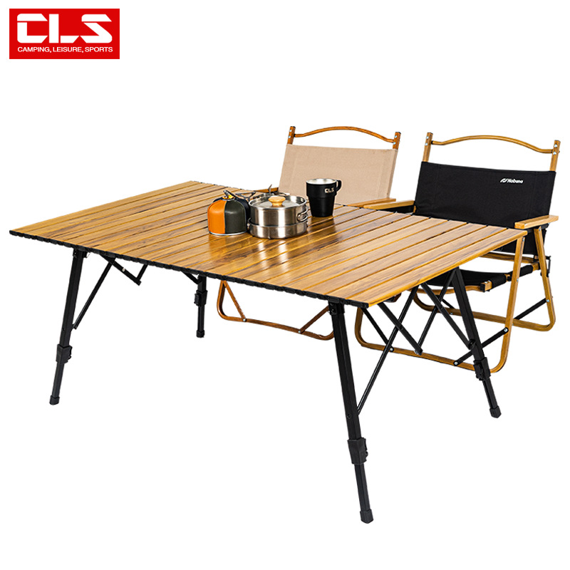 Mesa plegable al aire libre grano de madera aleación de aluminio mesa de rollo de huevo gran elevación camping mesa de comedor portátil camping auto-conducción mesa de aluminio