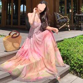 复古油画晕染抹胸度假风长裙气质温柔仙女裙图片色雪纺修身型扎染