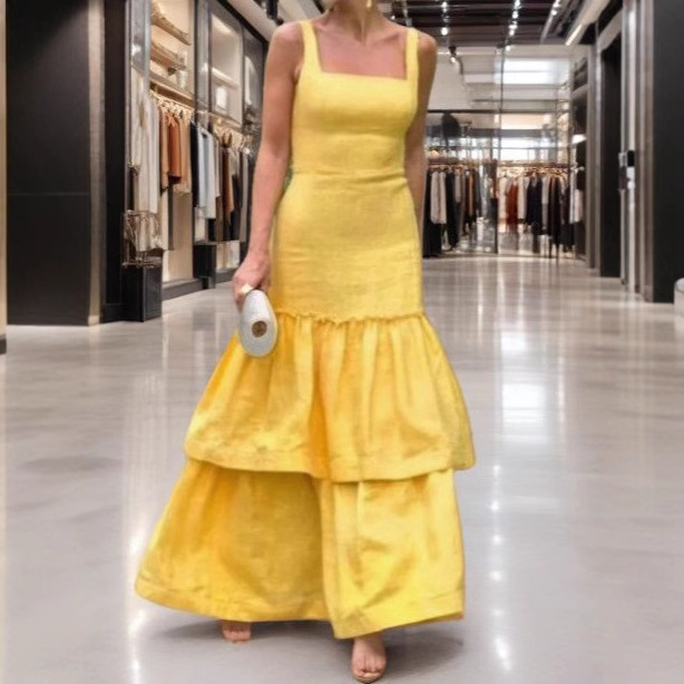 2025 Square Collar Ruffled Sling dress European and American Cross-border Fashion Women's Elegant Sleeveless Party Dress Ladies Style