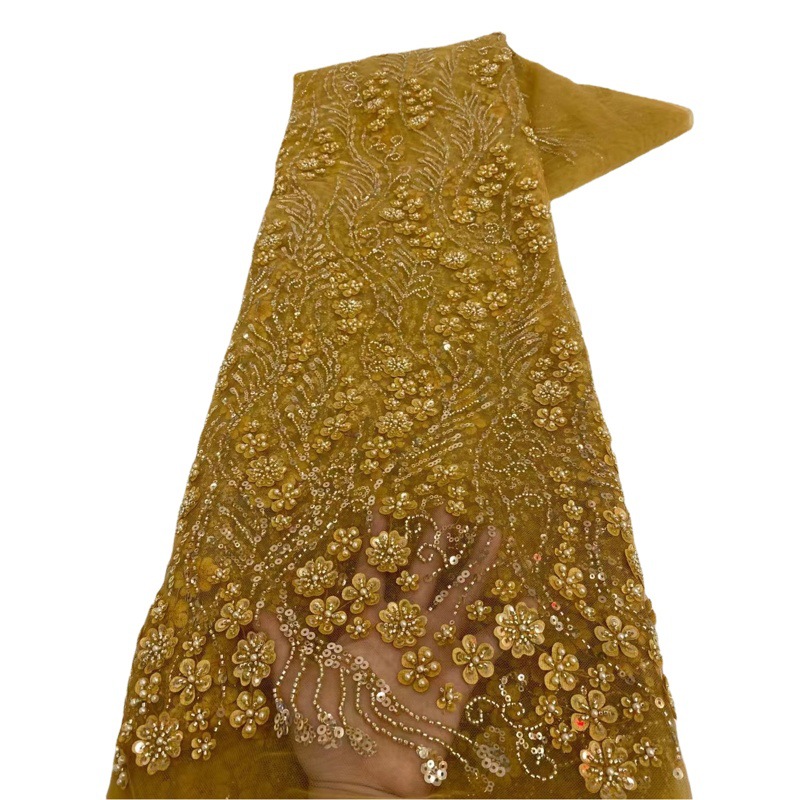 Tela de Encaje con Cuentas de Lujo, Color Sólido, Hecha a Mano, con Bordado de Flores Láser, para Vestido de Novia