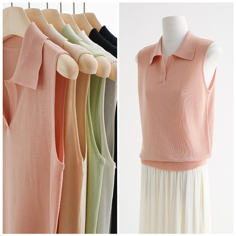 14-pin Commuter Simple Spring and Summer Lyocell Tencel POLO Lassel Knitted Vest Sleeveless Top New Women's 815 14-pin Commuter Simple Spring and Summer Lyocell Tencel POLO Lassel Knitted Vest Sleeveless Top New Women's 815