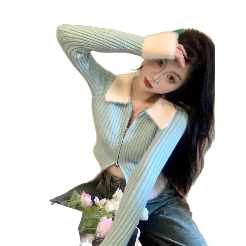 ピンクとブルーのステッチニットセーター、女性用、秋冬、純粋で甘くてスパイシーなデザイン、毛皮の襟、ジッパー付きカーディガン、ショートスタイル|undefined