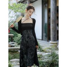 新中式国风复古水墨画吊带连衣裙两件套气质女神范显瘦黑色长裙夏