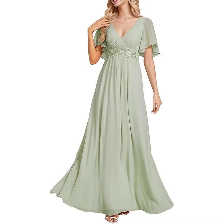 Amazon evening dress for women 2026 European and American cross-border independent chiffon women's dress solid color V-neck long dress elegant bridesmaid dress