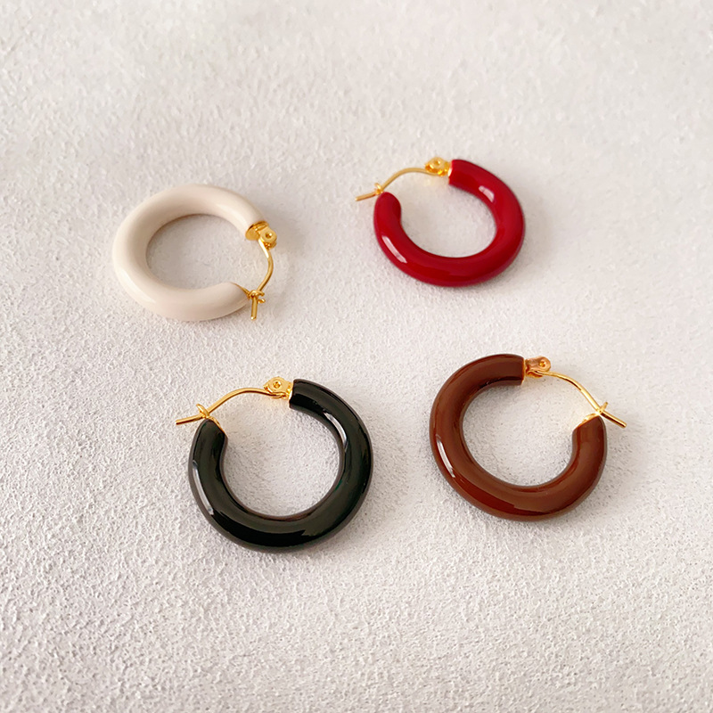 日韓金銀時尚圓形純色琺瑯釉滴油耳環銅鍍真金氣質輕奢百搭耳環女