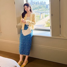 大码女装秋季微胖显瘦针织开衫搭配碎花半身裙撞色套装【天内发货