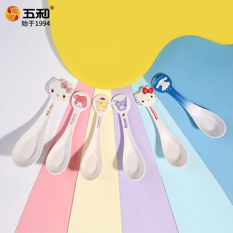 Wuhe Children's Spoon Sanrio Series Genuine Melamine Spoon Household Baby Cartoon Food Supplement Spoon Head-Shaped Spoon Spoon