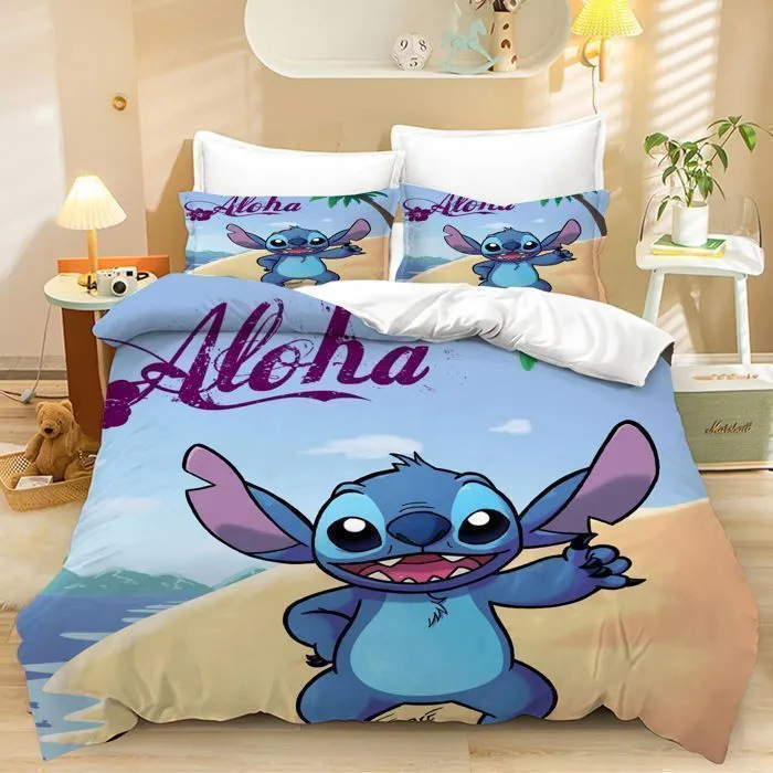 Foreign Trade Home Textile Cross-Border Bed Three-Piece Set Hawaii Stitch Cartoon Digital Printing Quilt Pillowcase Bedding