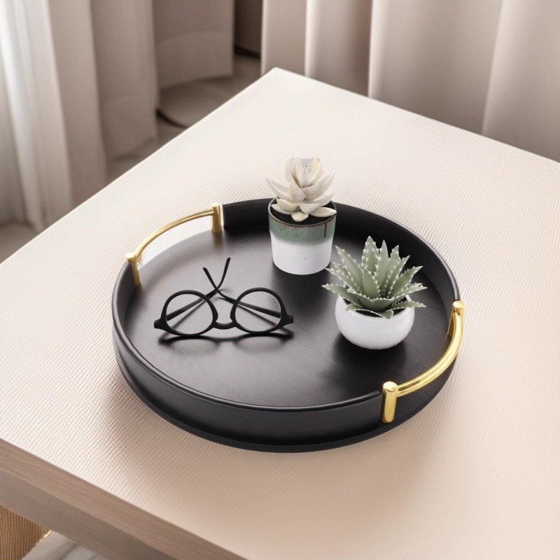 bandeja redonda de bambú negro para el hogar de lujo ligero decoración de la sala de estar taza de café platos de comedor taza de pan cubiertos aperitivos