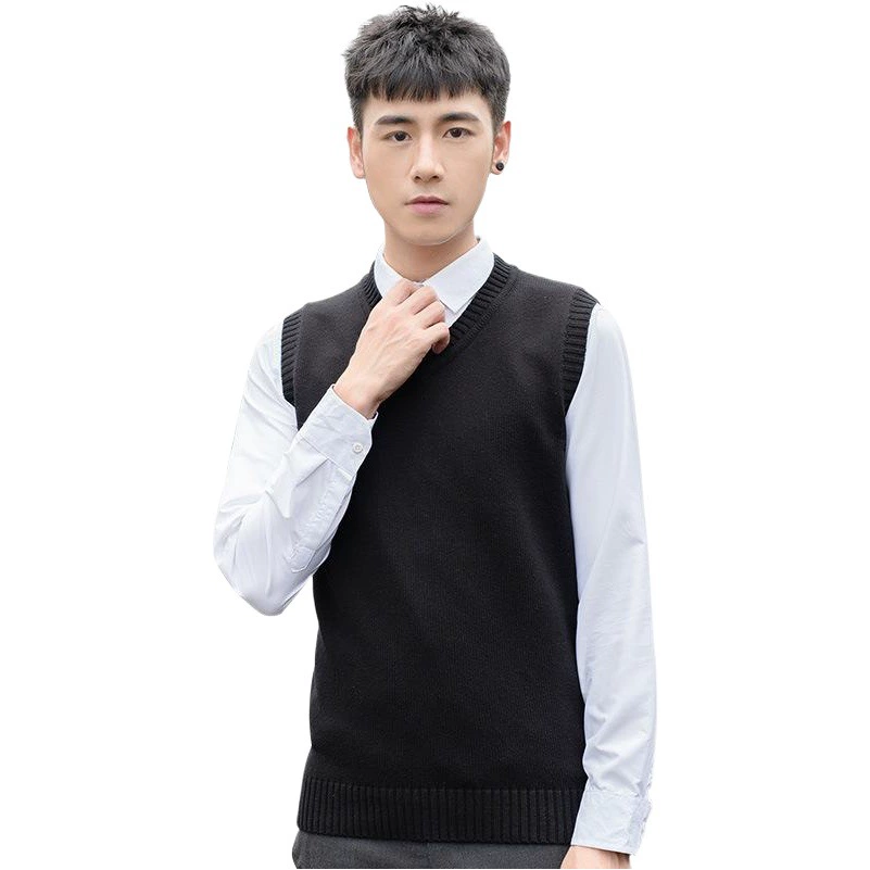 Мужской вязаный шерстяной жилет Свитер без рукавов для мальчиков с V-образным вырезом Пуловер Жилет Повседневный деловой простой однотонный хлопковый свитер