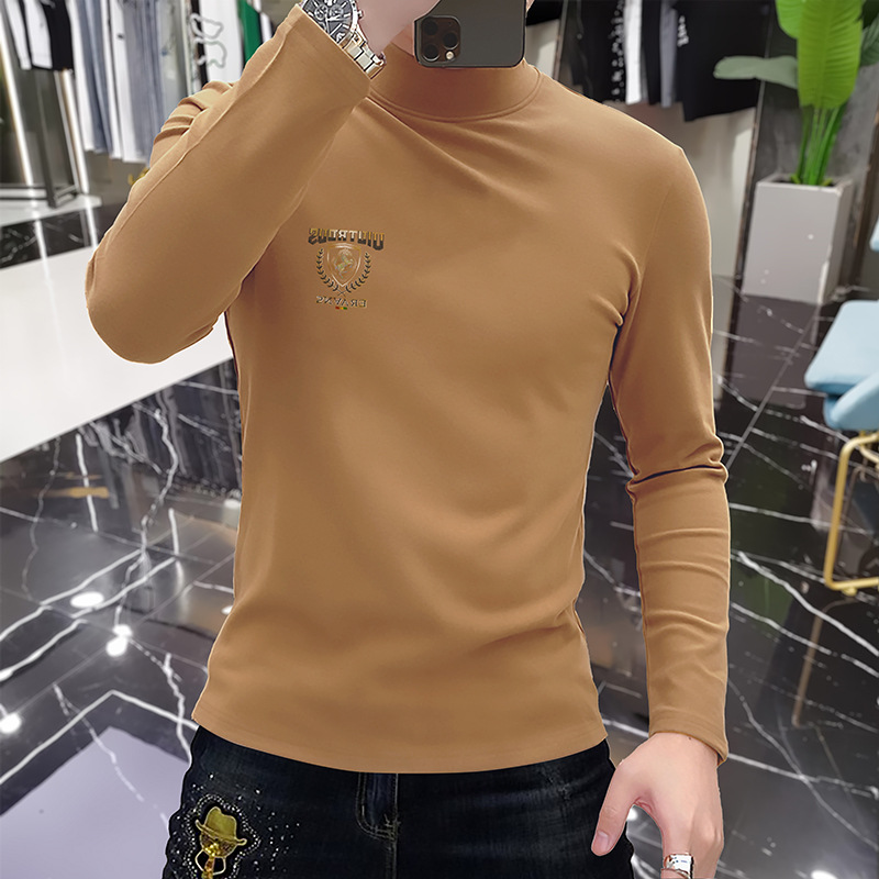 Roupa íntima de manga comprida de alta qualidade com base de lã, gola semi alta, top masculino quente de outono e inverno, lã da moda_voghion.com