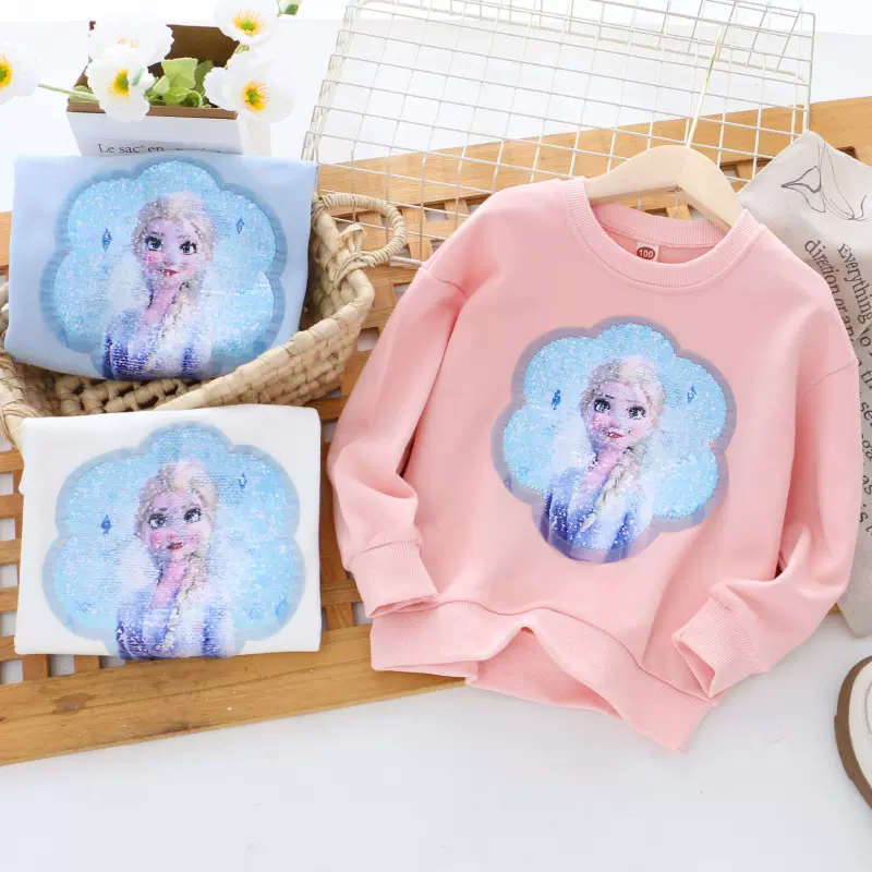 2024童装秋装新款女童卫衣圆领双面变色亮片上衣外穿毛圈一件代发